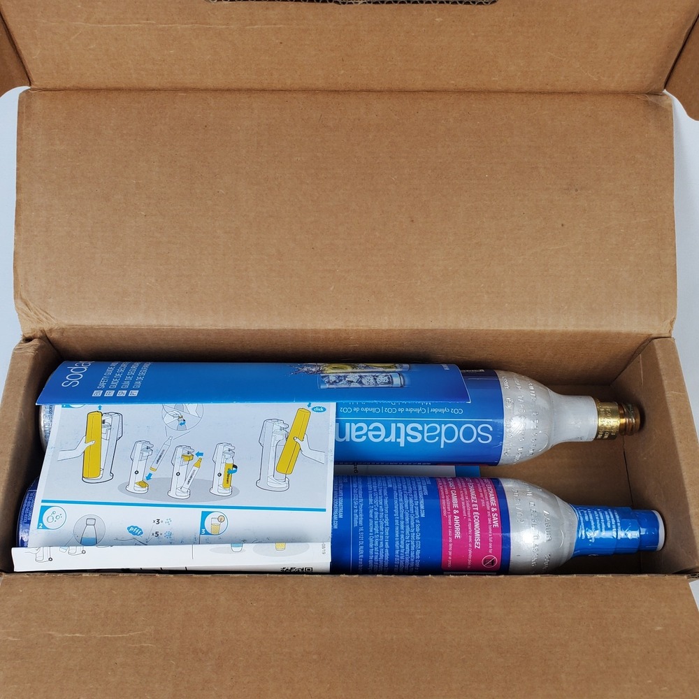 SodaStream 60L CO2 Refillable Cylinder Bottles 2-Pack Blue 1 Full, 1 Empty w Box